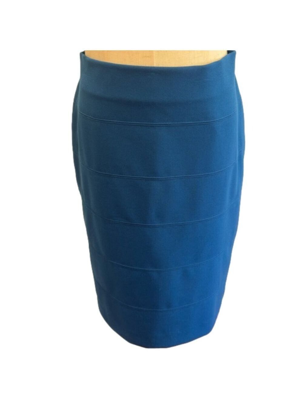 90s TEAL ALFANI PENCIL SKIRT W HORIZONTAL RIBBED LOWER HIP & MID-KNEE LENGTH PM